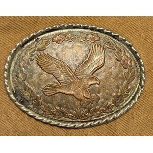 Vintage 1970s Flying Eagle Metal Belt Buckle Country Western Scene Two Toned